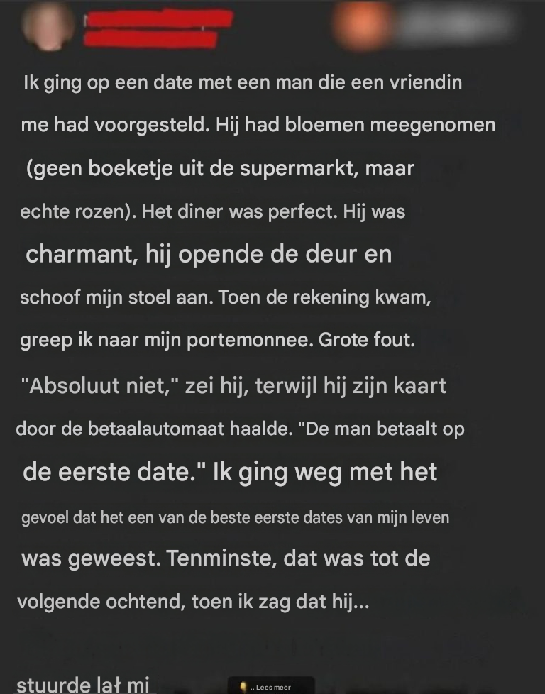 Mijn partner stond erop de rekening te betalen – ik heb er spijt van dat ik hem dat heb laten doen.