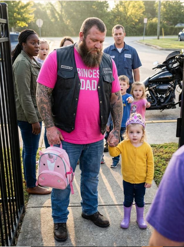 Een reusachtige motorrijder droeg jarenlang een roze T-shirt met de tekst “Daddy Princess”—totdat zijn dochter besefte dat liefde sterker is dan schaamte.