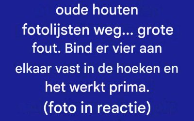 De meeste mensen gooien oude houten fotolijsten weg… grote fout. Bind er vier aan elkaar vast in de hoeken en het werkt prima.